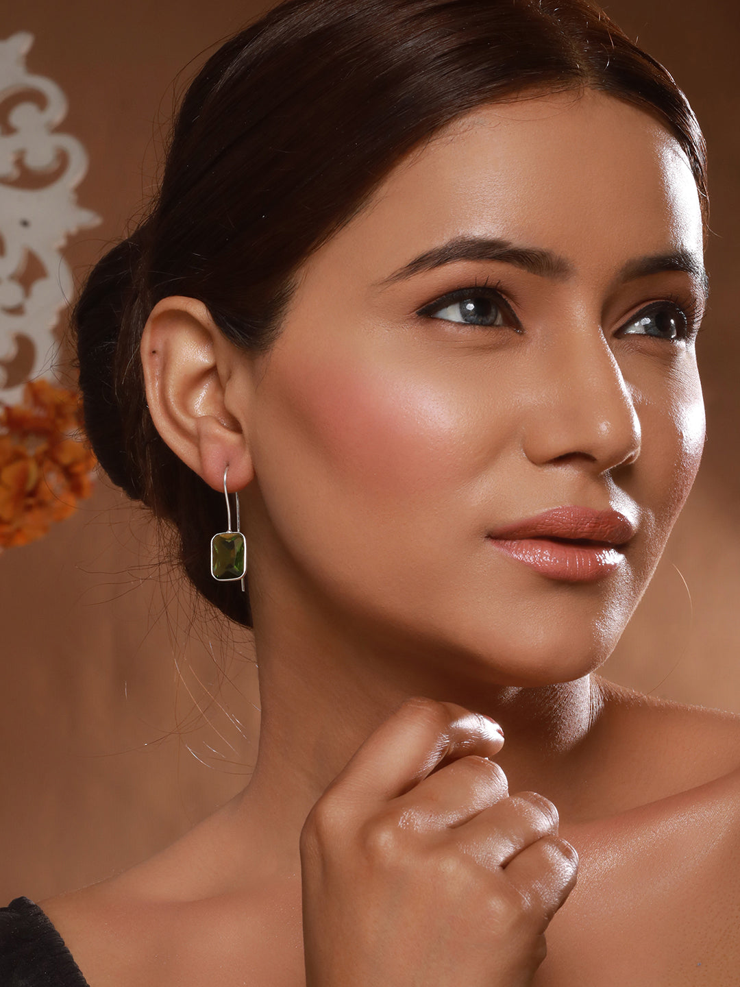 Silver Plated Oxidised Peridot Green Solitaire Minimal  Fish Hook Earrings